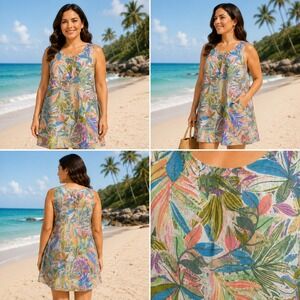 Shift Dress Womens Multicolor Tropical Leaf Pattern Linen Sleeveless Everyday